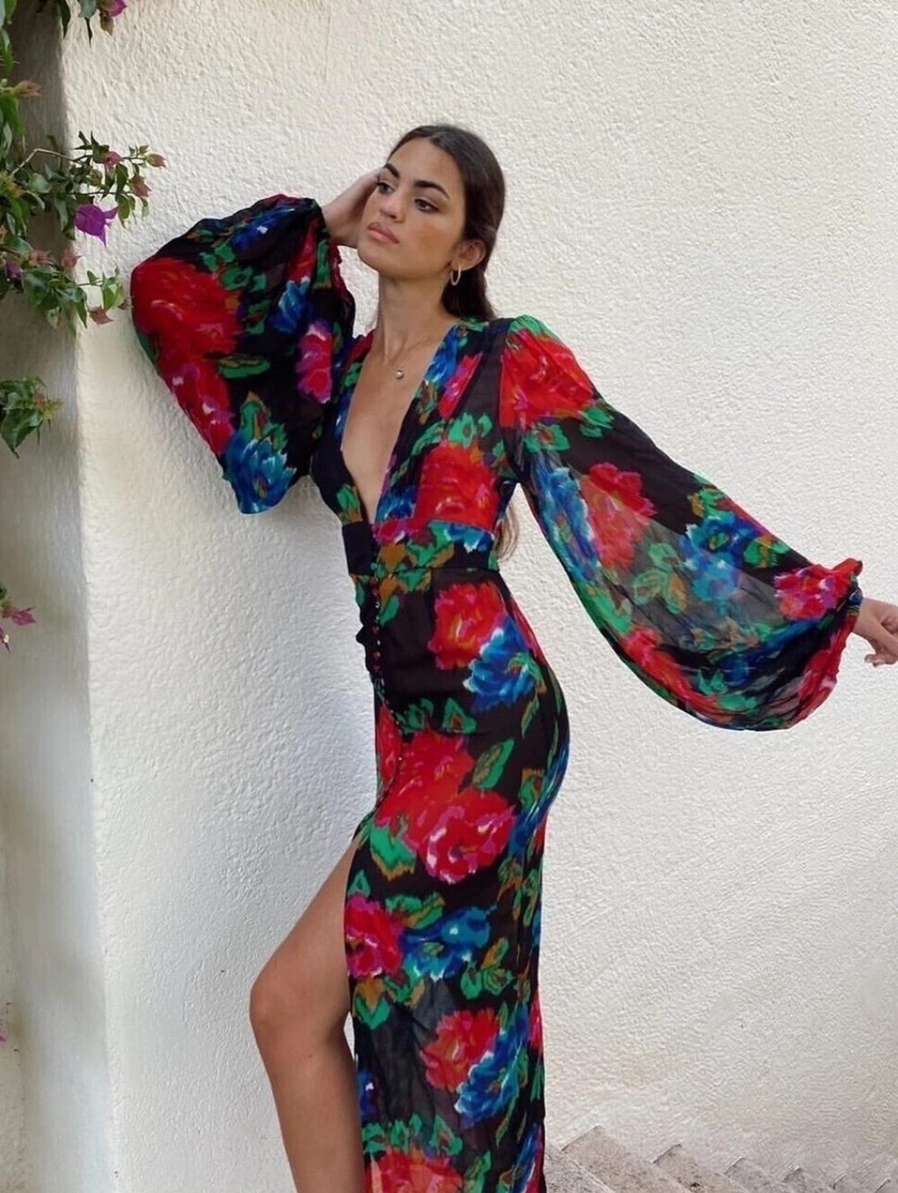 Rat & Boa Black Maxi Dress‎ with Red, Blue & Green Floral Print